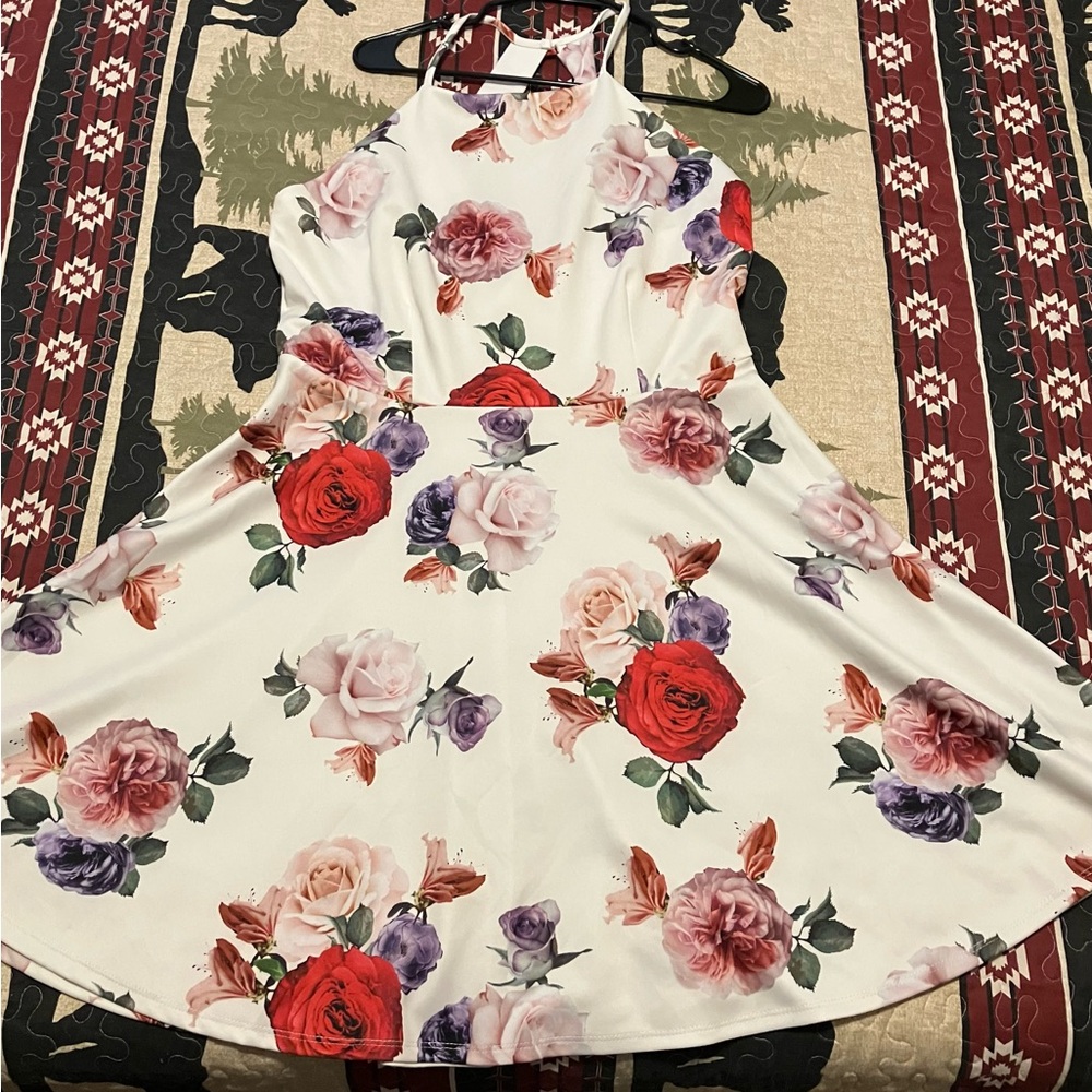 Fashion Nova White Halter Mini Dress with Red, Pink & Purple Roses